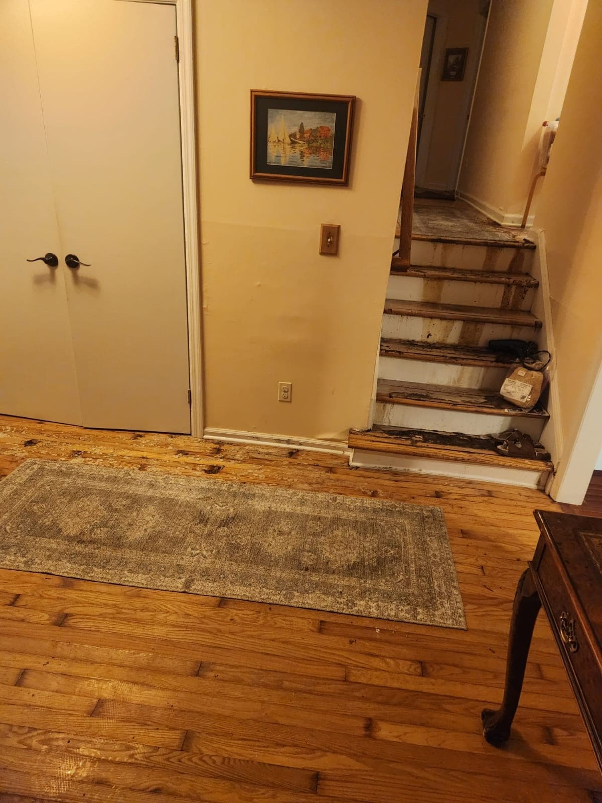 Interior staircase with water-damaged, peeling treads and debris beside a hallway with hardwood flooring