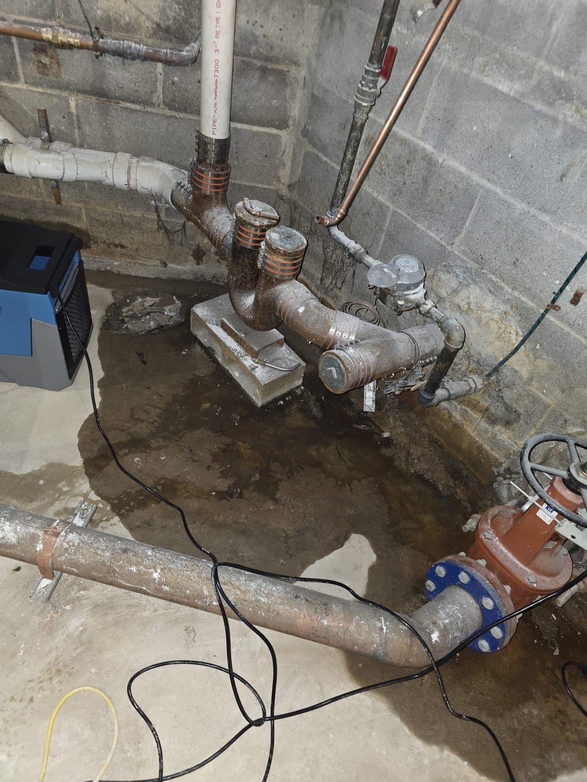 Wet concrete floor beneath corroded water service pipes and a meter, with a dehumidifier placed at the edge